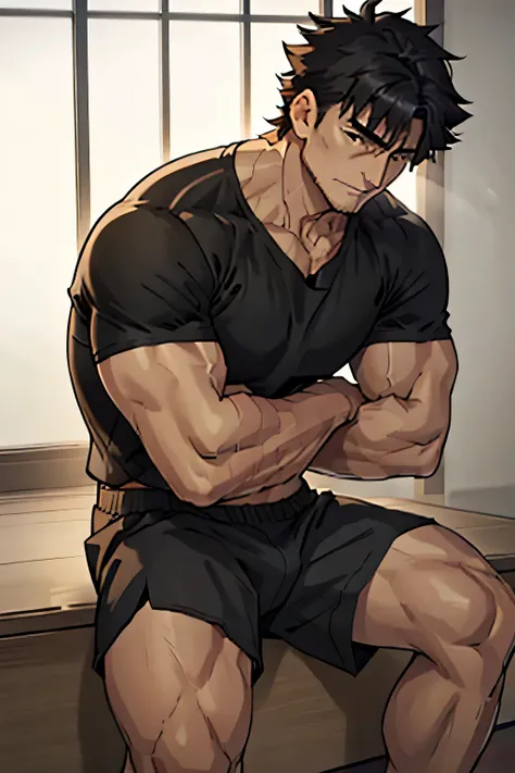 Kiritsugu is sitting and flexing his buff biceps and thighs. He wears black short boxershorts. You can see his thighs completely. He is wearing a black tshirt with short sleeves. His sleeve is rolled up completely, so you can see his entire arm and shoulde...