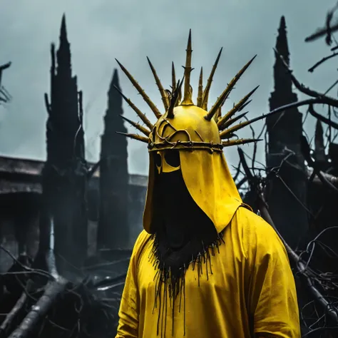 horror-themed,  in an ancient and mysterious city a person wearing a yellow helmet with yellow spikes on it carcosa city style, ...