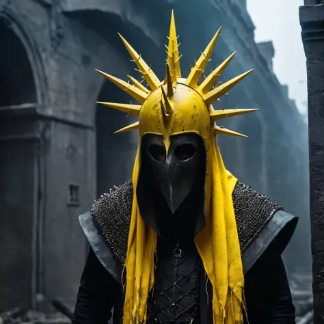 horror-themed,  in an ancient and mysterious city a person wearing a yellow helmet with yellow spikes on it carcosa city style, ...