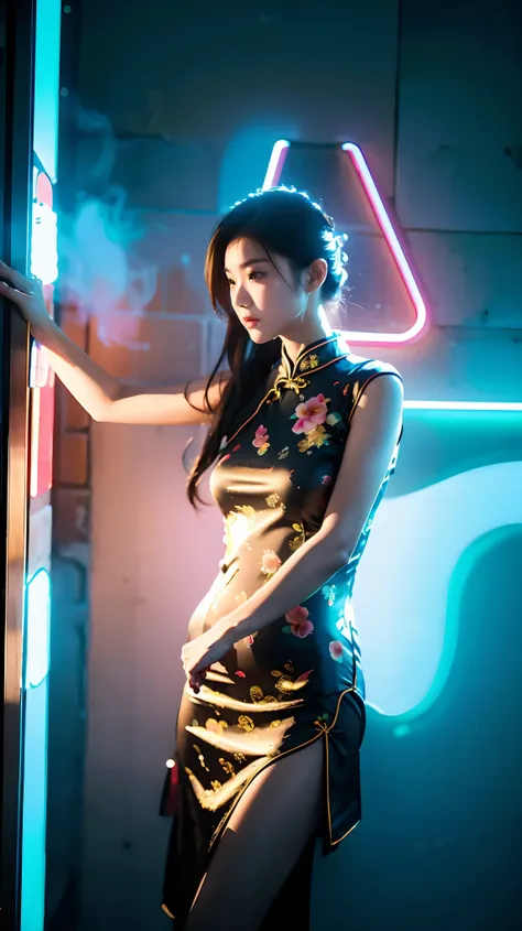 Best quality,masterpiece,16K,A girl,Wearing a black cheongsam,Leaning against the wall,Film quality,smoke,Neon,Luminescence,Multiple light sources,High light-dark contrast,night
