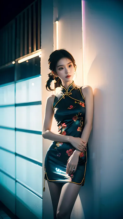 Best quality,masterpiece,16K,A girl,Wearing a black cheongsam,Leaning against the wall,Film quality,smoke,Neon,Luminescence,Multiple light sources,High light-dark contrast,night