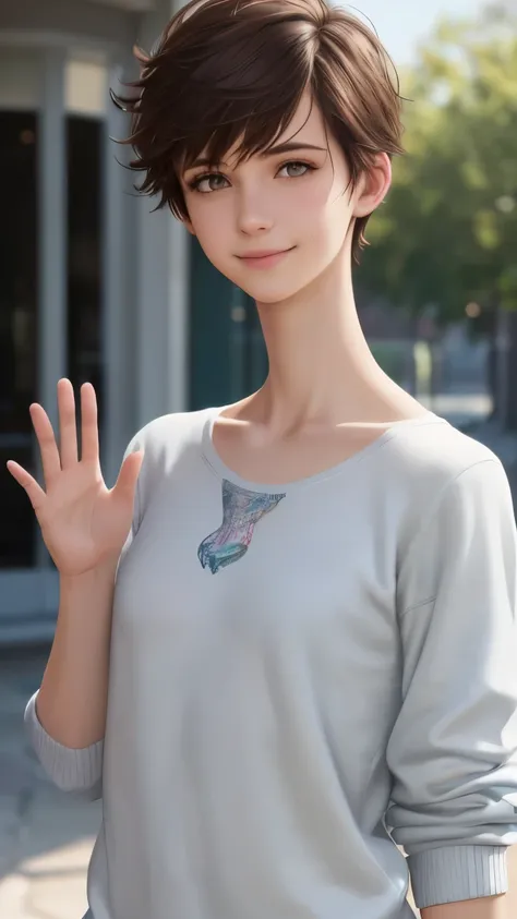 (ultra realistic, highly detailed:1.4), best quality, 18 yo. boy, androgynous femboy, short messy hair, (flat chest:1.2), oversized sweatshirt, waving, small smile, (longneck:1.4)