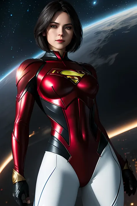 Superman female version.
Young woman dressed in tights, Short bob style hair, blue eyes,
- Entirely white and red fitted suit - suit that enhances female anatomy, 
- Standing, with a firm and confident posture, big hips, big buttocks, small waist, big ches...