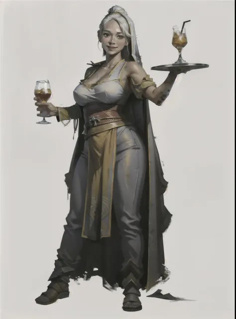 i want a character with a white background, png, full-body image, taverneira, tavern gift, yellowed and dirty medieval clothes, ...