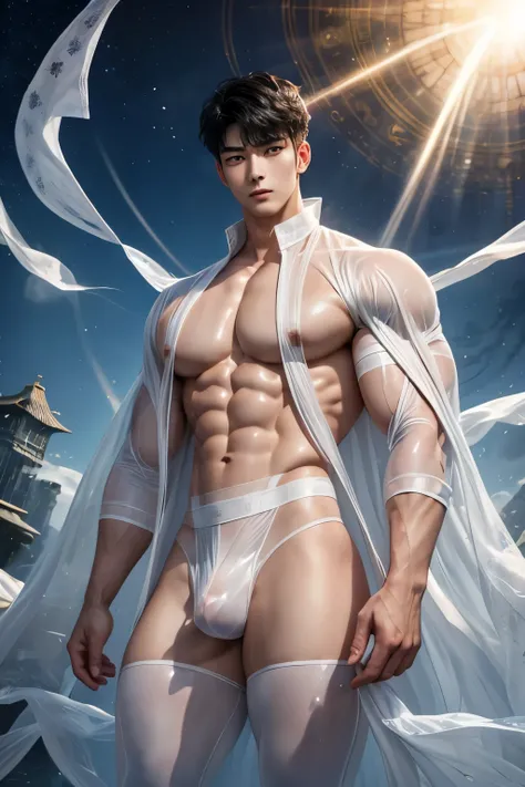 Realistic, High detailed, High quality, Cha Eun Woo, Photo of a handsome and cute boy (Korean guy who looks like a K-pop idol), 20 yo, Celestial city background, Full length portrait, A white flowing see-through clothes, A white fabric, A white flowing see...