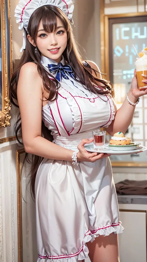 A super busty, sexy, and mature beauty dressed as a maid carrying a cream soda on the tray at a glamorous maid cafe. She is smiling  the corner of her eye.