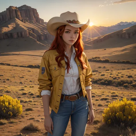 (masterpiece, 16k, best quality, ultra high res), Isaiah the Female Cowboy, red hair, yellow eyes, wearing red denim jacket and white shirt, wear white Stetson, western scenery, sunset, over the hill