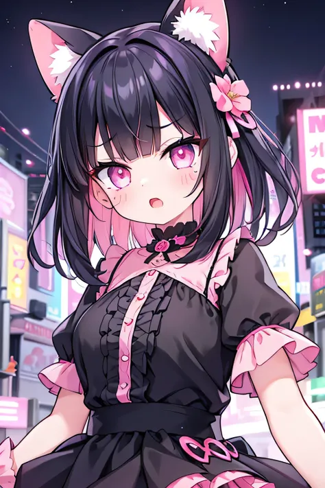 1girl, night time, neon city, pink eyes half blue eyes, black hair, medium hair, blunt bangs hair, medium hair, pink nails, long pink lace ruffle shirt pink, black skirt, eyebrows, open mouth, upper body, hair flower ornaments, face tattoo