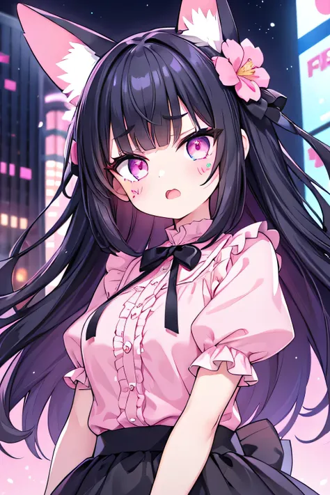 1girl, night time, neon city, pink eyes half blue eyes, black hair, medium hair, blunt bangs hair, medium hair, pink nails, long pink lace ruffle shirt pink, black skirt, eyebrows, open mouth, upper body, hair flower ornaments, face tattoo