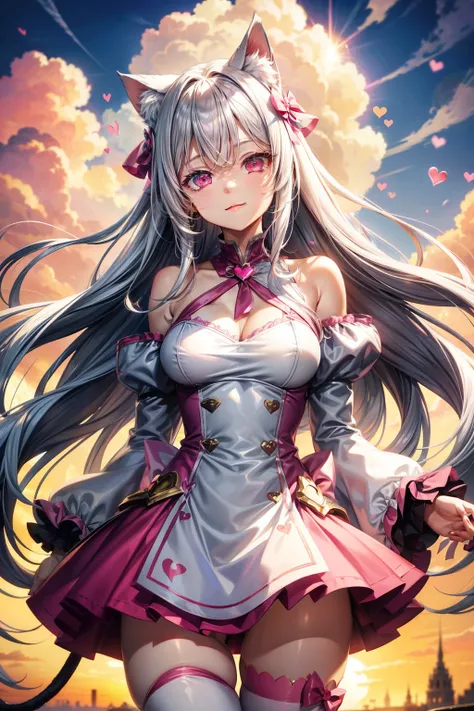 Silver hair, pink eyes, woman, sun and cloud background, pink red gold clothes, hair bows, happy face, outfit, sexy, cat ears, hearts, floating hearts, thigh up, thigh high tights