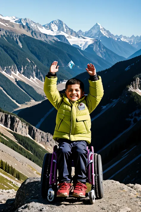 cartoon of a 9 year old boy , wheelchair bound , dressed in expedition clothing, holding a diamond with one hand raised , in the background some mountains and the gem at the top of a mountain