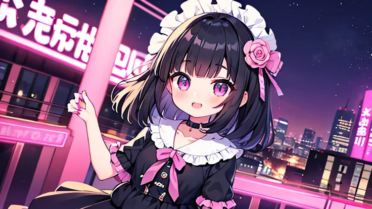 1girl, night time, neon city, pink eyes, blue eyes, black hair, medium hair, blunt bangs hair, medium hair, pink nails, long pink lace ruffle shirt pink, black skirt, eyebrows, super happy, upper body, hair flower ornaments