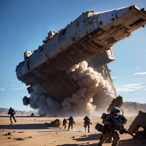 a group of armed space soldiers running from a destroyed spaceship wreck in the desert, cinematic style, extremely detailed, beautiful, crashed spaceship, beautiful clouds and blue sky, steampunks