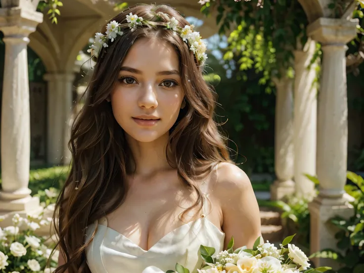 a girl in a lush garden, beautiful detailed eyes, beautiful detailed lips, extremely detailed face and skin, long eyelashes, long wavy hair, elegant flower crown, flowing white dress, holding a bouquet of flowers, gentle smile, serene expression, soft natu...