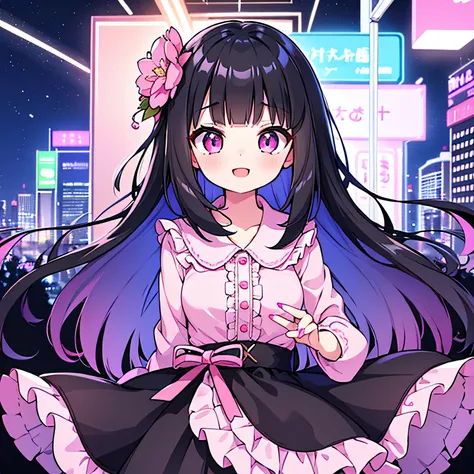 1girl, night time, neon city, pink eyes, blue eyes, black hair, medium hair, blunt bangs hair, medium hair, pink nails, long pink lace ruffle shirt pink, black skirt, eyebrows, super happy, upper body, hair flower ornaments, look at side, medium breast