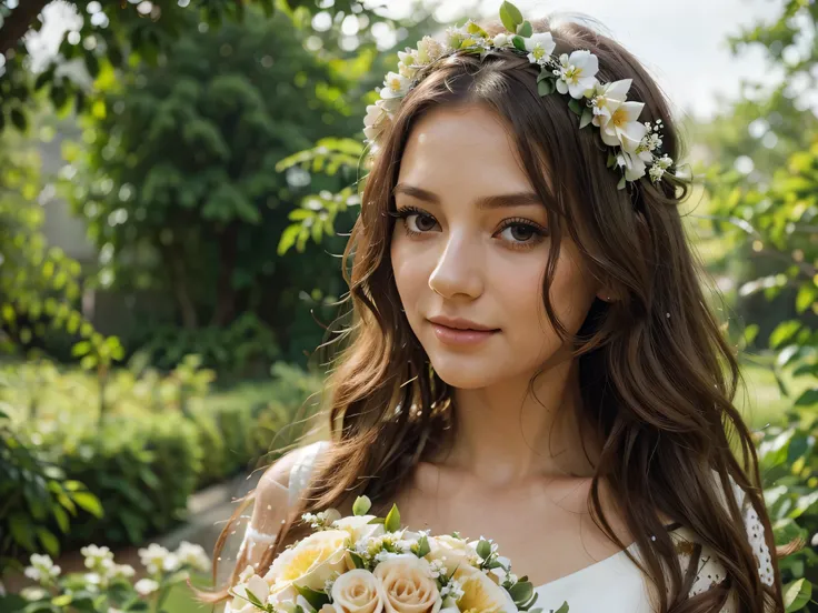 a girl in a lush garden, beautiful detailed eyes, beautiful detailed lips, extremely detailed face and skin, long eyelashes, long wavy hair, elegant flower crown, flowing white dress, holding a bouquet of flowers, gentle smile, serene expression, soft natu...