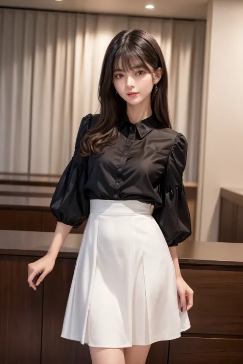 ((Best image quality、8K、masterpiece：1.3))、Realistic high-quality photos、Highest quality、Beautiful and graceful face and eyes、Black Hair、Shiny Hair、 OL、Wearing a short-sleeved blouse、Wear a long skirt、Full Body Shot.