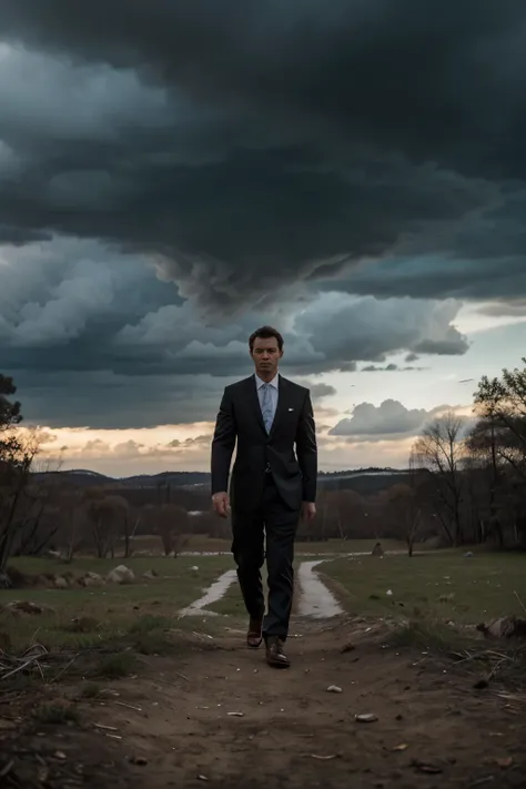 An image of a man in a suit, that does not have a human head but one of a ram, in the background a gloomy forest of leafless trees, and cloudy