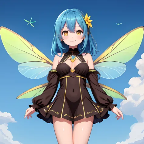 1girl, dragonfly girl, 6 wings, small, 30 years old, closed smile, big breasts, cute, kawaii, brown dress, cobalt wings, yellow eyes, dark blue hair, detailed face, high quality, masterpiece, photorealistic, digital art, ultra-detailed, vibrant colors, nat...