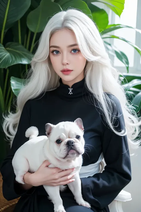 1 woman, White long curly hair，Natural and beautiful hair, clean and beautiful. White hair. Close lips. Blue natural eyes. Black clothes. Plantas. Bulldog frenchie pet, frenchie pet. 