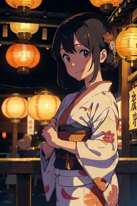 a smiling woman in a kimono outfit standing in front of lanterns, concept art, ukiyo-e, by Makoto Shinkai, summer festival night, yukata clothing, classy yukata clothing, summer festival in background, mitsumayo