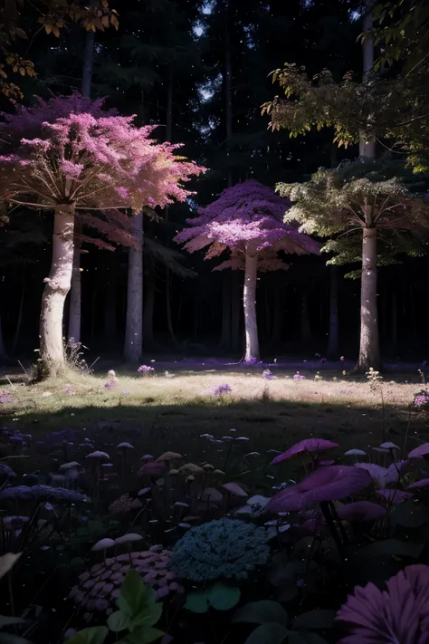 Dark Trippy purple pink forest after drugs with mushrooms and colourfull plants