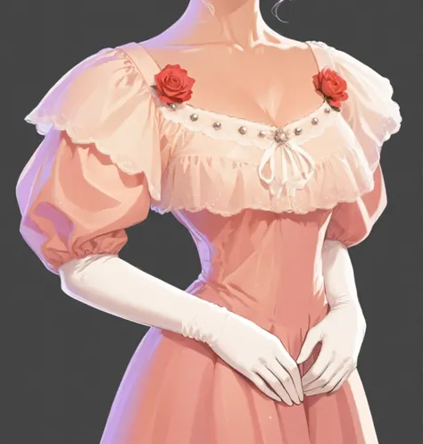 beautiful illustration, ultra-detailed, masterpiece, pink dress, white long gloves, victorian era, victorian dress, glitter, roses, white lace, beautiful dress, anime style, a lot of pearls on the lace, a lot of lace, a lot of lace