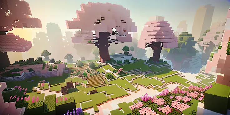 um close de uma pink landscape e verde com um jardim de flores rosa, voxel based world, captura de tela do minecraft, high quality Arte Voxel, minecraft landscape, captura de tela do minecraft, Arte Voxel, minecraft gameplay, Voxelart, voxels, video game s...