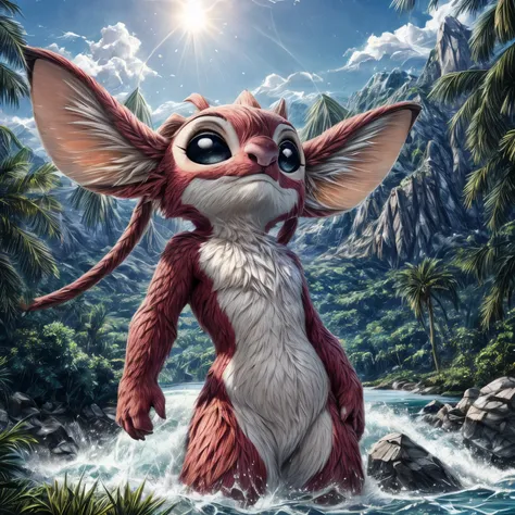 angeexalenn1,  solo,  beautiful eyes,    black eyes, black sclera, pink, big ears,
[jungle, sun rays, palm trees, grass, river, ...