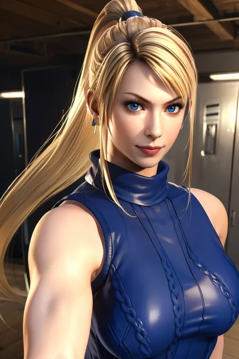 Sarah, blue eyes, very long hair, leaning on bench, (realistic:1.7), (fighting stance:1.5), (little smile:1.4), (skinny girl:1.5), blonde hair, (high ponytail:1.4), floating hair, (detailed sweater:1.4), Shoulders exposed, (arms exposed:1.3), (medium breas...