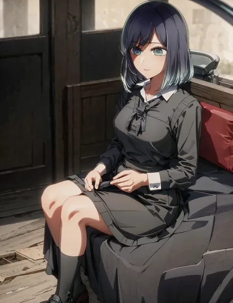 best quality, masterpiece, 1 girl, alone, detailed eyes, detailed car, busty, thick thighs, black skirt, unbuttoned shirt, long black stockings, sitting, spreading legs, sexy, full body