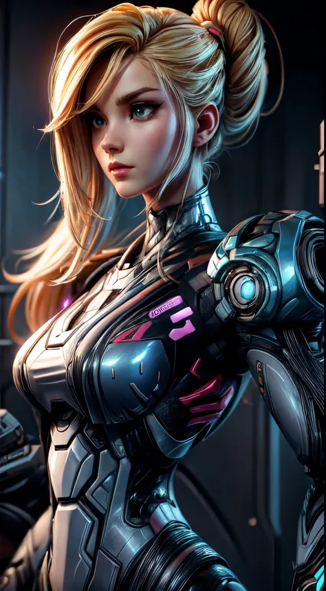 a close up of a woman blond hair in a futuristic blue suit standing next to a robot, cybersuit, cybersuits, diverse cybersuits, ...