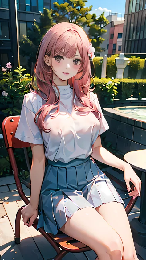 (masterpiece:1.2, Top quality),, Nice illustration, (Natural side Light, Light), 
Looking at the audience, 1 girl,Protruding nipples， Pink hair，White shirt clothes，Pleated skirt black，Large Breasts，Nipple protrusion 2:1，She sits in a garden chair，Protrudin...