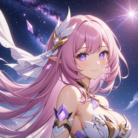 ai-generated,very aesthetic,1girl,elysia_/(herrscher_of_human:ego/)_/(honkai_impact/),pointed_ears,pink_hair,dreamy anime fantasy background,raytracing,light purple eyes,floating,light particles,dsmile,starry sky, shooting stars,celestial,intricate,large b...