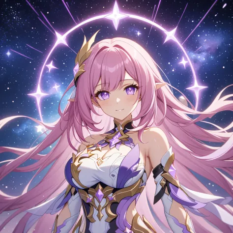 ai-generated,very aesthetic,1girl,elysia_/(herrscher_of_human:ego/)_/(honkai_impact/),pointed_ears,pink_hair,dreamy anime fantasy background,raytracing,light purple eyes,floating,light particles,dsmile,starry sky, shooting stars,celestial,intricate,large b...