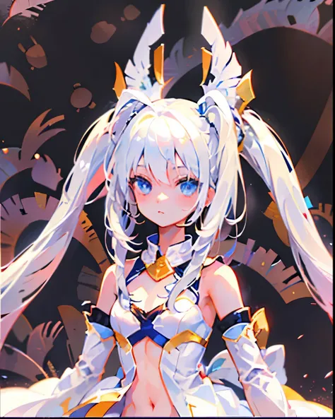 (((Masterpiece))), (((Beautiful Light))), Anime Girl, 1girl, Young, Short Height, Flat Chest, Solo, Wings, Long Hair, Dress, Blue Eyes, White Dress, Priestess Dress, Cape, White Hair, White Pantyhose, Feather Wings, Watching People, Very Long Hair, White W...