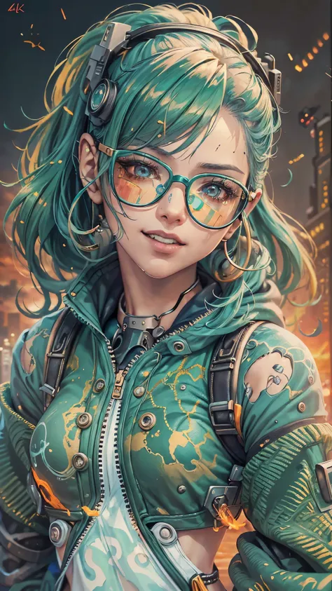 A young girl with vibrant green hair, cyberpunk style cyborg girl, appears overexcited and very happy, wearing round glasses, in a sexy pose with tied hair, manga style, beautiful detailed face, colorful summer clothes, highly realistic, vibrant colors, dy...