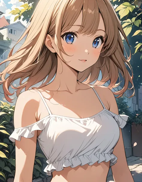 female,short camisole,crop shirt,Off shoulders,white,Art, anime,illustration