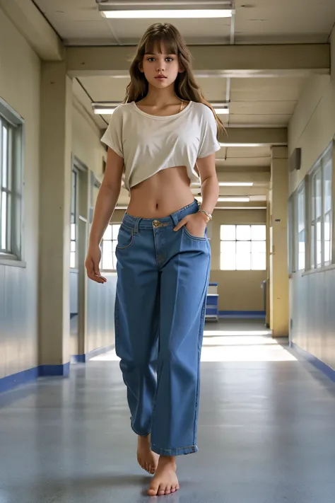 Girl is midriff and oversized pants walks barefoot in the school,