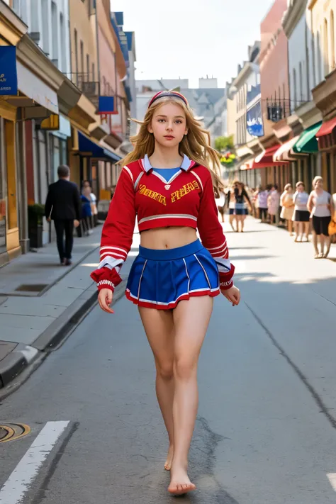 girl in cheerleader outfit s walks barefoot in the town