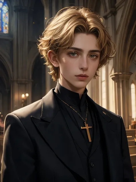 blond short hair , androgynous women ((timothee chalamet)), smooth smile, blessed aura, 19-year-old, catholic church priest, bla...