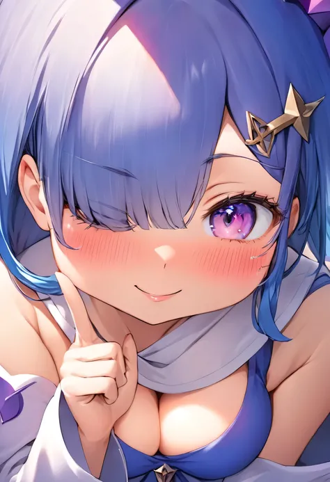 close-up, 1girl, light white skin, one-side hair bangs, blue-violet hair colour, blushing, peace sign, skimpy mage costume, winking