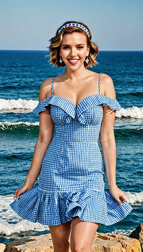 Scarlett Johansson is a young woman with short, dark brown hair styled in a bob cut, wearing a blue and white checkered headband. She has a cheerful expression with bright, smiling eyes and a wide, happy smile. Her outfit is a blue and white gingham off-th...