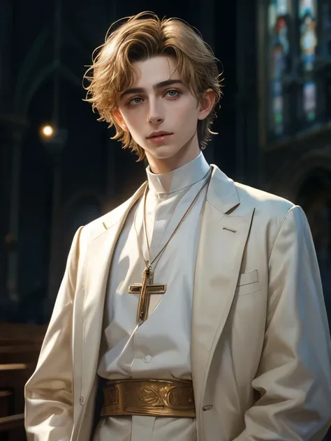 blond short hair , androgynous women ((Timothee Chalamet)), smooth smile, blessed aura, 19-year-old, Catholic church priest, black clean suit standing, minimalist church  High detail RAW colored art, intricate details, fine details, hyperdetailed, ray trac...