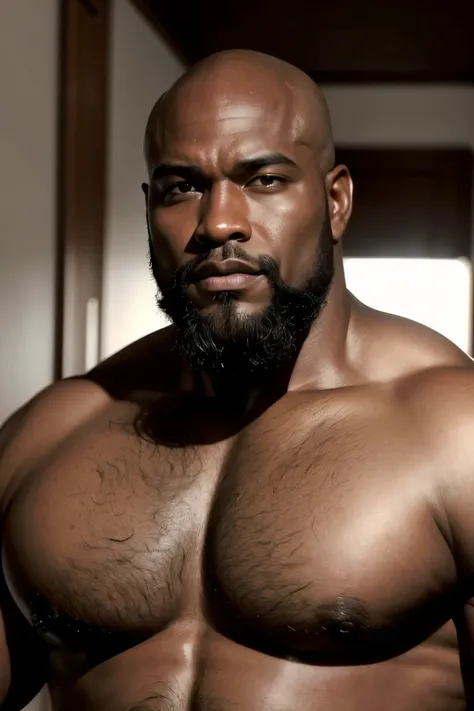 1 dark-skinned man, de 1,77 tall, with 95kg of muscles, baldie, with a biker beard, no hair on the body

