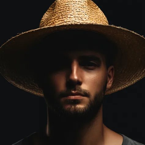 man with straw hat covering the upper part of his face, realistic photo for profile, leave it looking gloomy