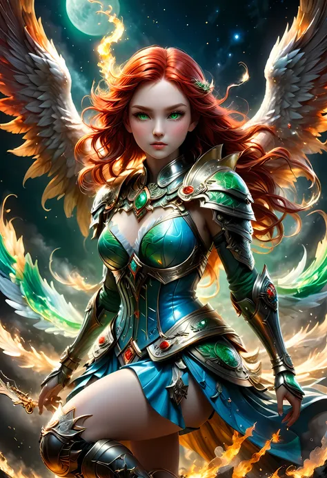16k, ultra detailed, masterpiece, best quality, (extremely detailed), arafed, dnd art, panoramic view, full body, aasimar, female, (Masterpieceת intense details:1.3), female, sorceress, casting flaming spell(Masterpieceת intense details:1.3) large angelic ...