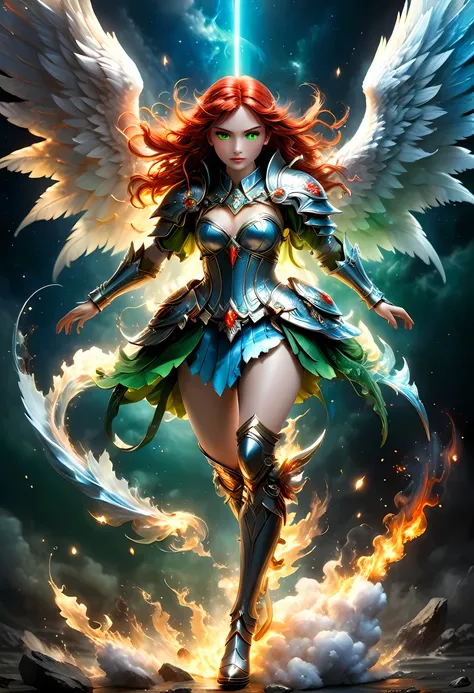 16k, ultra detailed, masterpiece, best quality, (extremely detailed), arafed, dnd art, panoramic view, full body, aasimar, female, (Masterpieceת intense details:1.3), female, sorceress, casting flaming spell(Masterpieceת intense details:1.3) large angelic ...