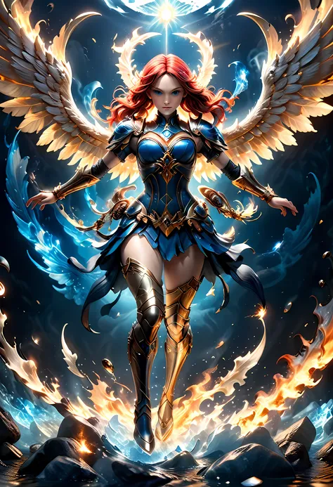 16k, ultra detailed, masterpiece, best quality, (extremely detailed), arafed, dnd art, panoramic view, full body, aasimar, female, (Masterpieceת intense details:1.3), female, sorceress, casting flaming spell(Masterpieceת intense details:1.3) large angelic ...