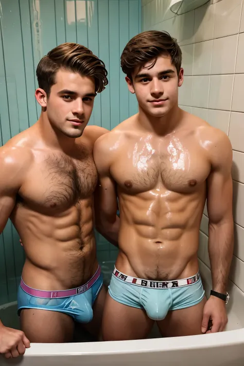 Two 20-year-old frat bros with hairy chest wearing soaked briefs in a bathtub full of gunge 